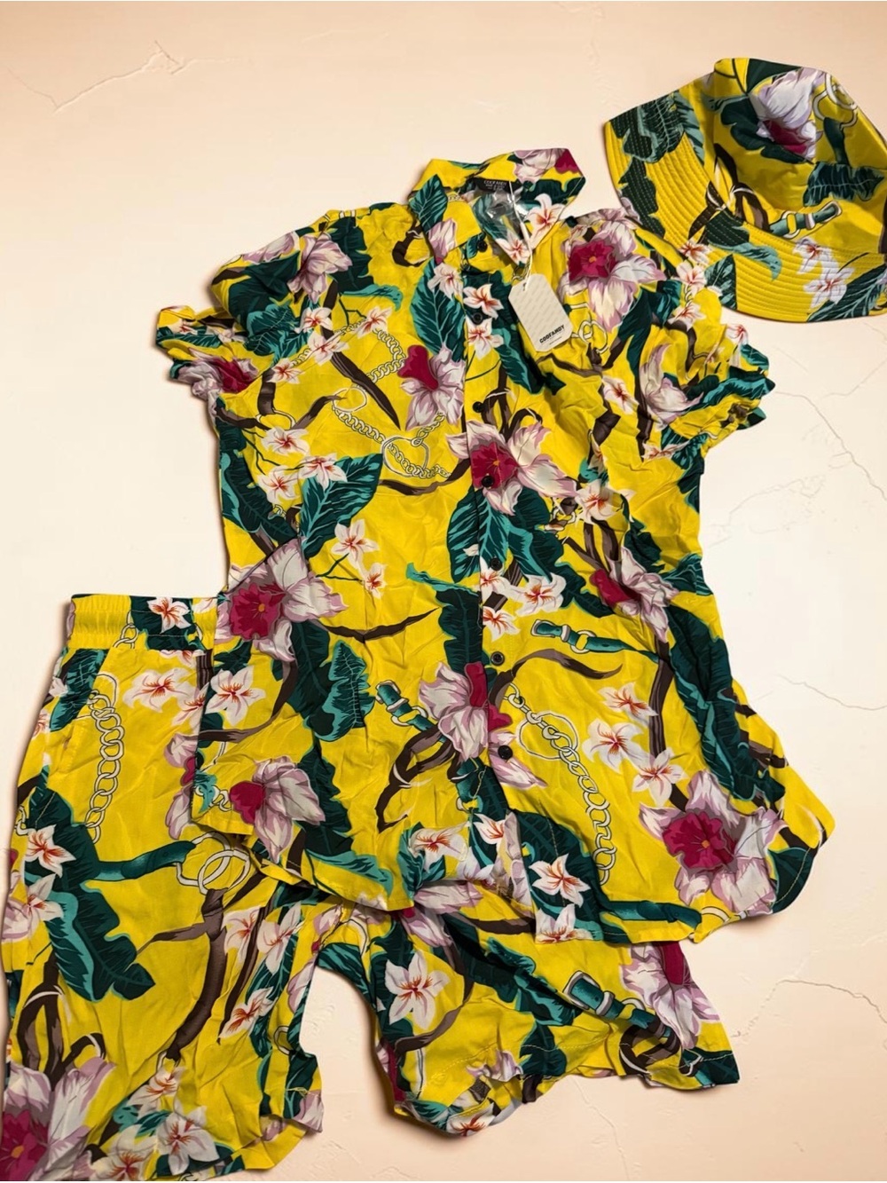 Men's Yellow Tropical Floral Short Set with Matching Hat